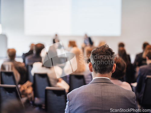 Image of Interview and round table discussion at business convention and presentation. Audience at the conference hall. Business and entrepreneurship symposium