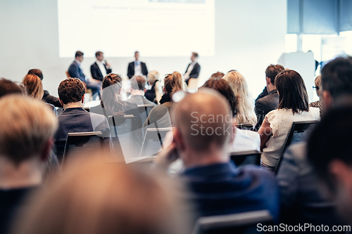 Image of Interview and round table discussion at business convention and presentation. Audience at the conference hall. Business and entrepreneurship symposium