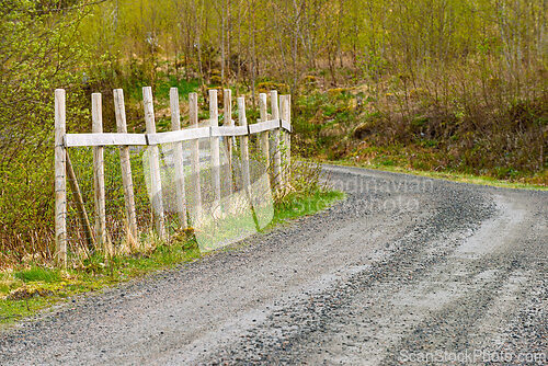 Image of Winding gravel road alongside wooden fence in a lush forested ar