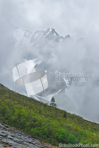 Image of Cloudy mountain landscape with greenery at the foot and a single