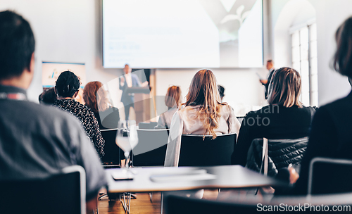 Image of Interview and round table discussion at business convention and presentation. Audience at the conference hall. Business and entrepreneurship symposium
