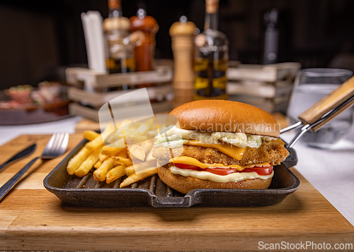 Image of Tasty hamburger with breaded chicken