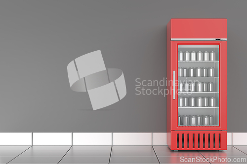 Image of Red refrigerator with silver cans