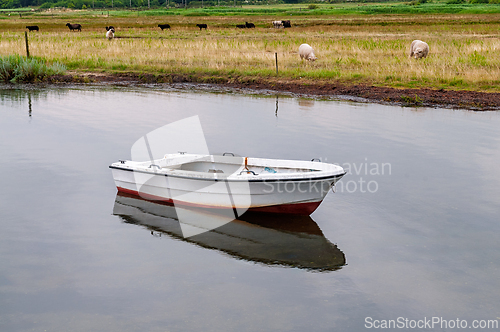 Image of Peaceful rural view with a small boat floating on still water al