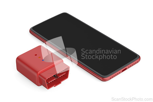 Image of Red smartphone and wireless car diagnostic device