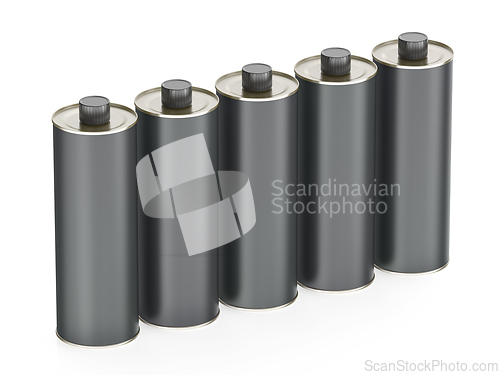 Image of Row of five round tin bottles