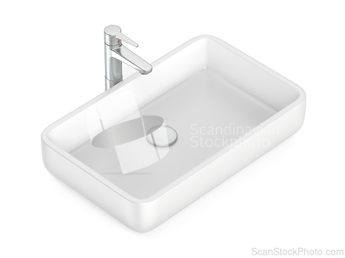 Image of Square bathroom sink with silver faucet