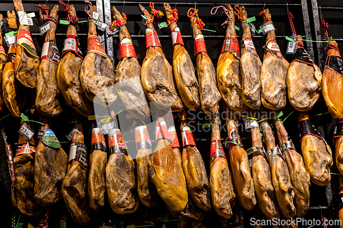 Image of SANTIAGO DE COMPOSTELA, SPAIN - MAY 01, 2015 - Jamon in a shop