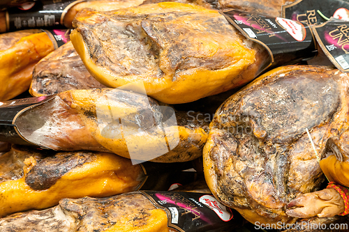 Image of SANTIAGO DE COMPOSTELA, SPAIN - MAY 01, 2015 - Jamon in a shop