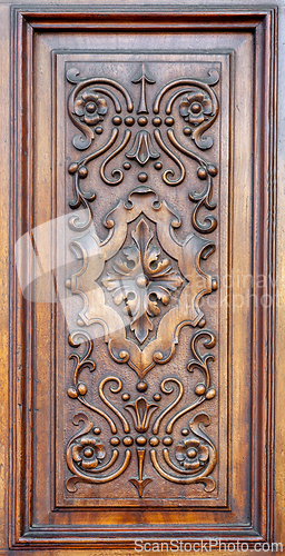 Image of Carved wooden panel on a door