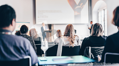 Image of Interview and round table discussion at business convention and presentation. Audience at the conference hall. Business and entrepreneurship symposium