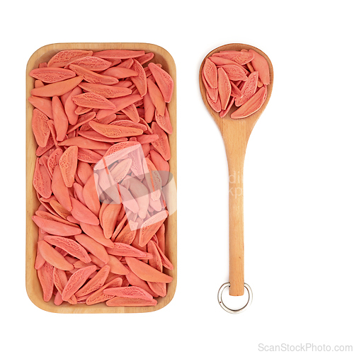 Image of Italian Foglie D'Ulivo Red Leaf Pasta in Wooden Bowl and Spoon