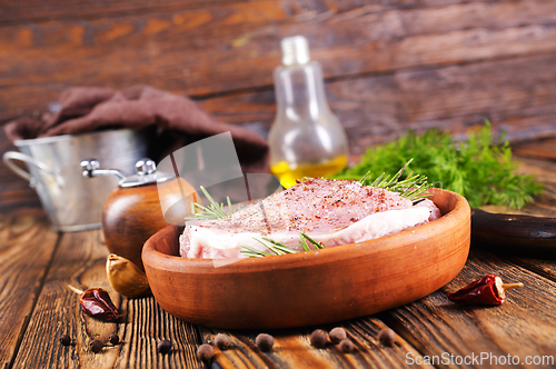 Image of raw steak with aroma spice and salt