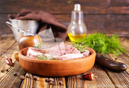 Image of raw steak with aroma spice and salt