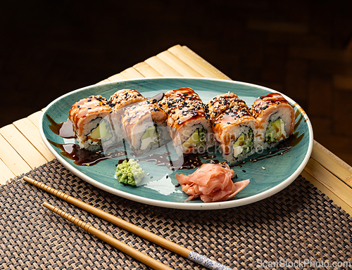 Image of Delicious sushi rolls with salmon