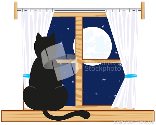 Image of Vector illustration of the black cat sitting on window in the night