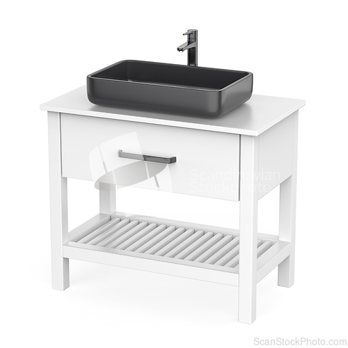 Image of White wash basin cabinet with black sink and faucet