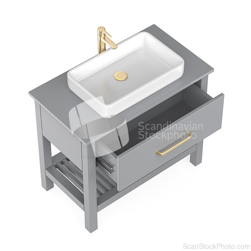 Image of Grey wash basin cabinet with white sink and rose gold faucet