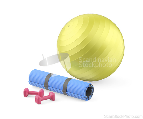 Image of Pair of dumbbells, a rubber fitness mat, and an exercise ball
