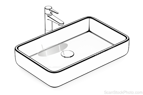 Image of Sketch of square shaped bathroom sink and faucet