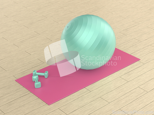 Image of Two small dumbbells, rubber fitness mat and an exercise ball