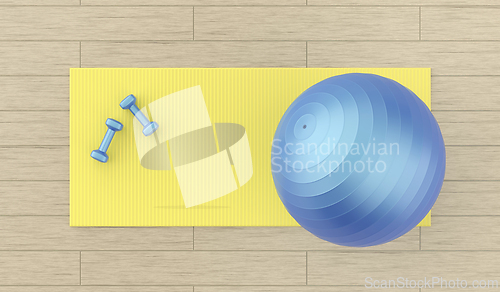 Image of Two small dumbbells, rubber fitness mat and an exercise ball