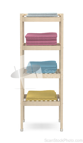 Image of Wooden shelving unit with towels