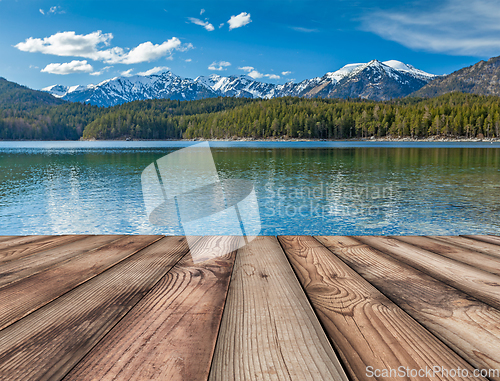 Image of Wooden planks background with lake, Germany