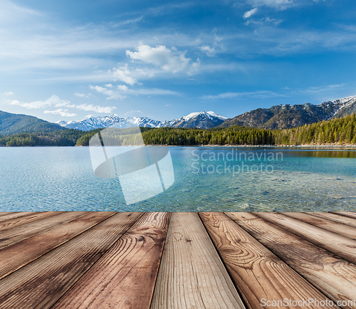 Image of Wooden planks background with lake, Germany