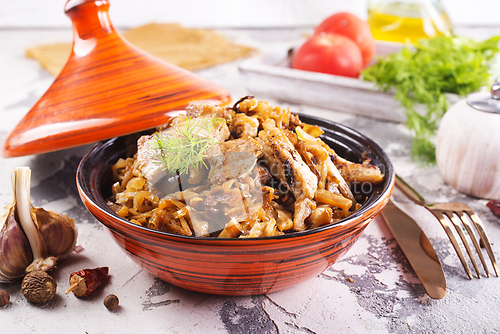 Image of stew cabbage with fried meat