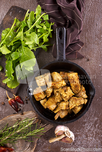 Image of fried meat with spice in pan
