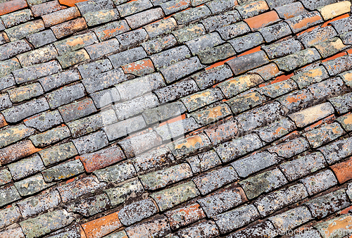 Image of Old red tiling covered with lichen