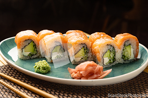 Image of Philadelphia uramaki sushi rolls with salmon