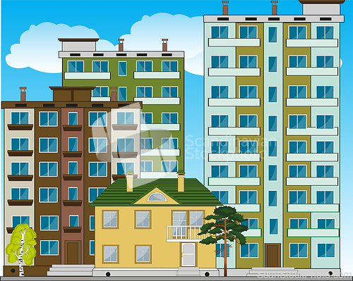 Image of Type on small city and high-rise buildings