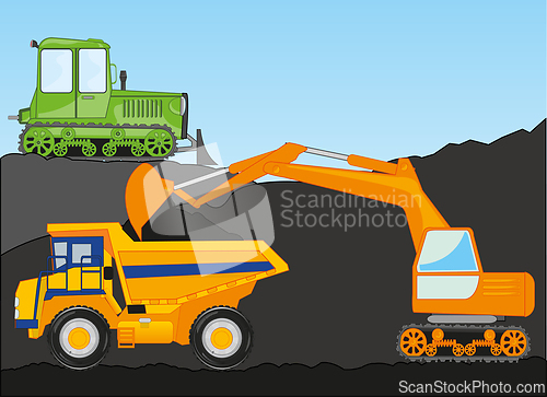 Image of Dump truck and excavator works loads in quarry