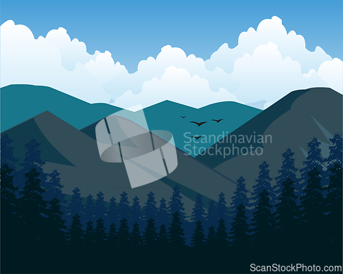 Image of Vector illustration of the beautiful landscape of the mountains and wood