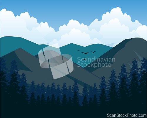 Image of Vector illustration of the beautiful landscape of the mountains and wood