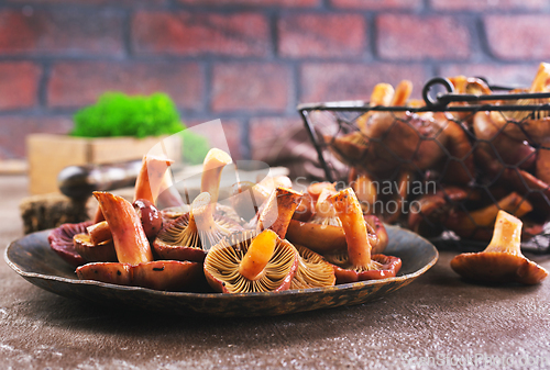 Image of edible mushroom in metal bowl