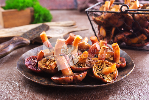 Image of edible mushroom in metal bowl
