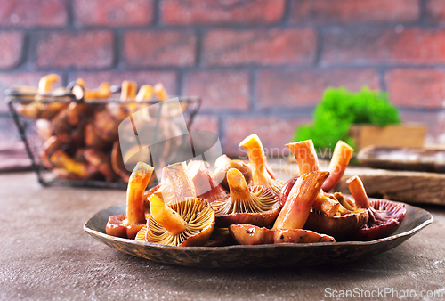 Image of edible mushroom in metal bowl