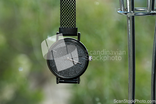 Image of A close-up of a minimalist wristwatch in a plant-filled room, showcasing its design and the softness of natural light filtering through