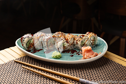 Image of Sushi rolls with cucumber and cream cheese
