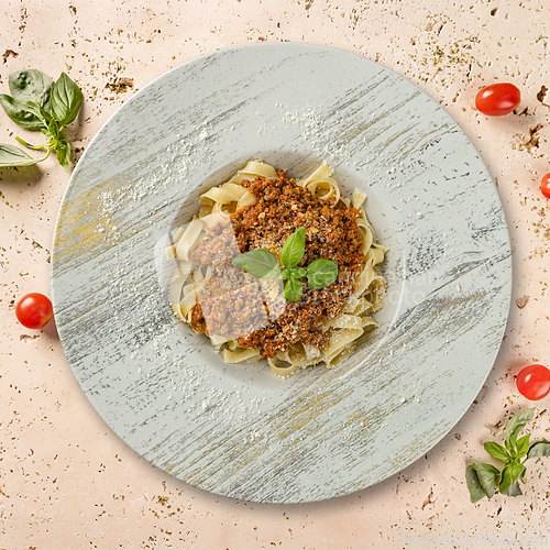 Image of Tasty tagliatelle pasta with bolognese sauce