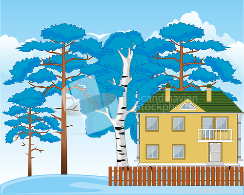 Image of Landscape winter wood and small comfortable building