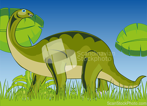 Image of Prehistorical animal herbivorous dinosaur on green glade