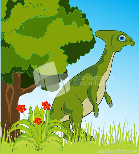 Image of Extinct animal dinosaur on green glade daytime