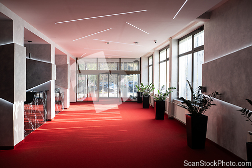 Image of Modern hotel lobby with red carpet and decorative plants