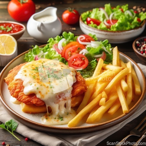 Image of delicious chicken parmigiana with fries and salad