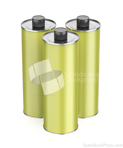 Image of Green round tin bottles for olive oil, motor oil or other liquid
