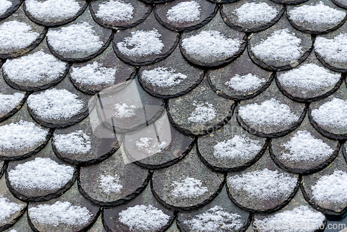 Image of Snow blankets a slate roof creating a serene winter landscape in